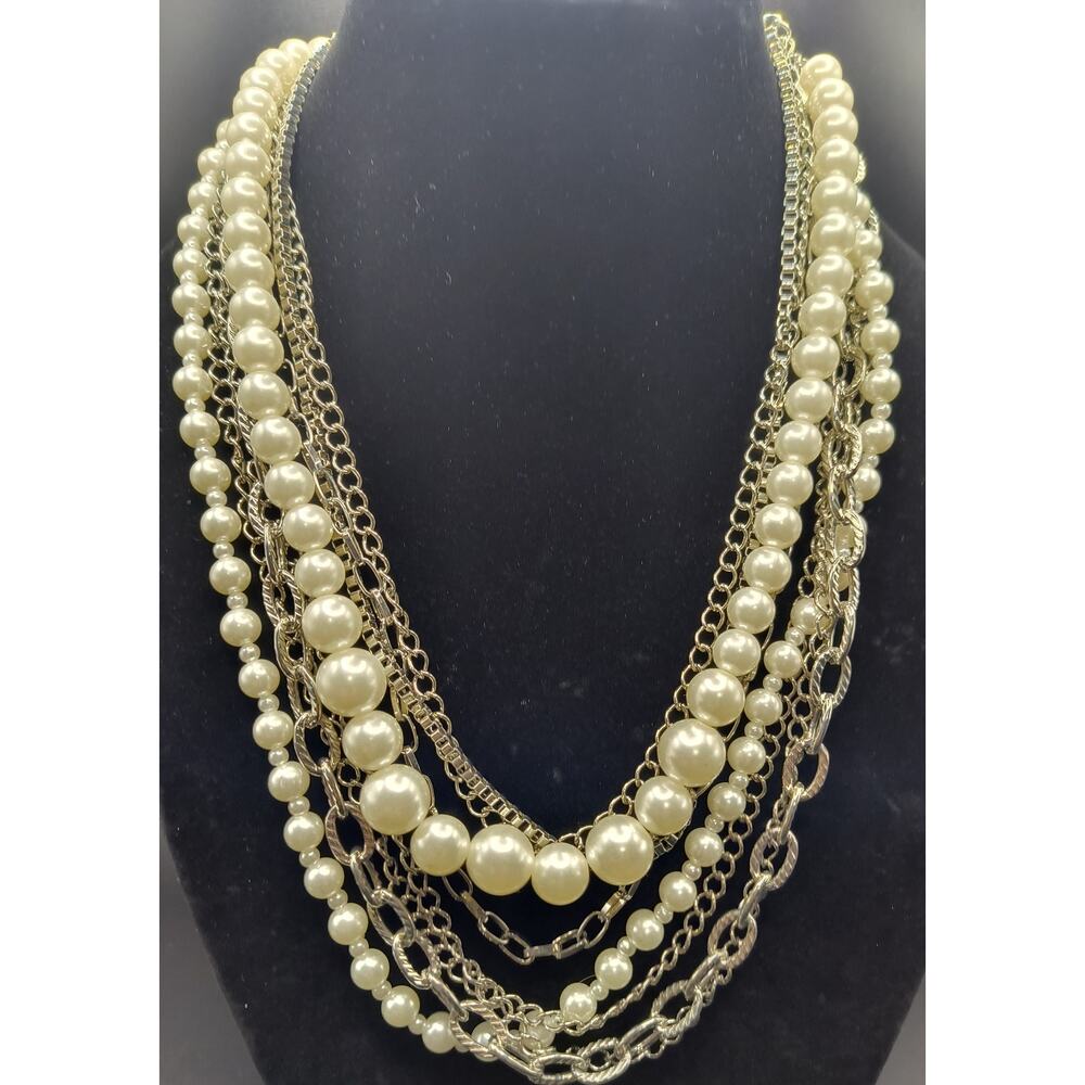Multi-Strand Pearl & Silver Chain Statement Necklace